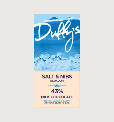 Picture of Duffy's Ecuador Salt and nibs bar on a grey background