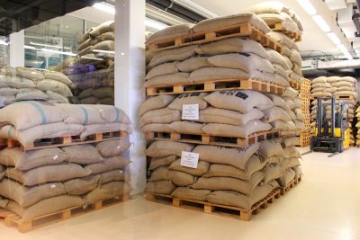 store full of bags with cocoa beans