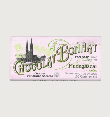 Picture of Bonnat's pink 75% dark criollo bar, on a grey background
