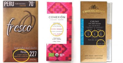 how to read a chocolate bar label - comparison of Fresco, Conexion and Chocolarder bars