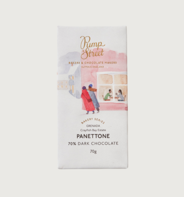 Picture of pump streets panettone bar, on a grey background. The bar is white, with a watercolour of two people walking past a pink building. The pink building has two people in the window