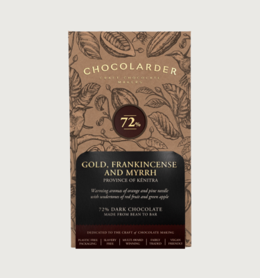 Picture of chocolarder's gold frankincense and myrrh bar on a grey background