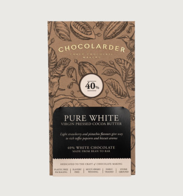Picture of chocolarder's pure white 40% bar on a grey background