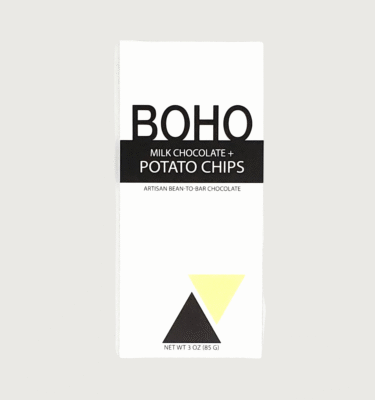 A bar of BOHO potato chips chocolate - a white box with a grey background