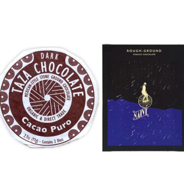 taza's cacao puro and naive's rough ground chocolate bars side-by-side