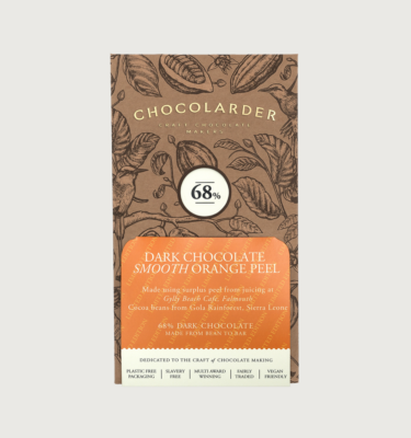 Picture of chocolarder's smooth orange peel dark bar on a grey background