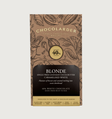 Picture of chocolarder's blonde white bar on a grey background