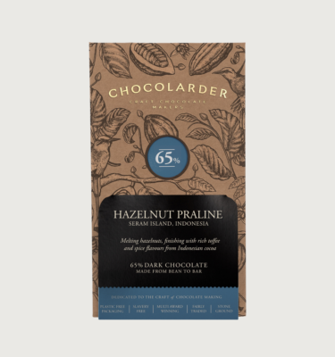 Picture of Chocolarder's Hazelnut praline bar on a grey background