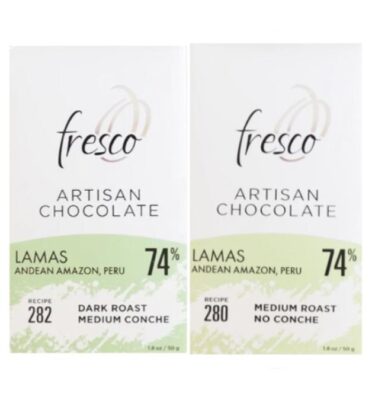 two fresco chocolate bars with cocoa beans from peru