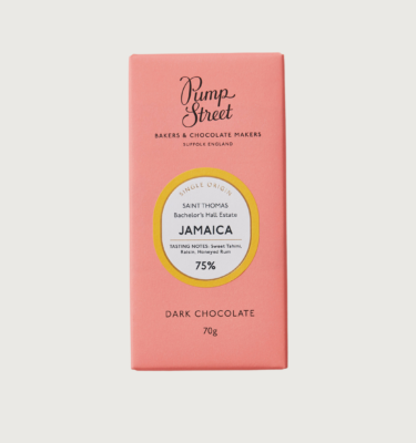 Picture of Jamacia 75% dark bar on a grey background. The packaging is pink with a yellow circle around the label