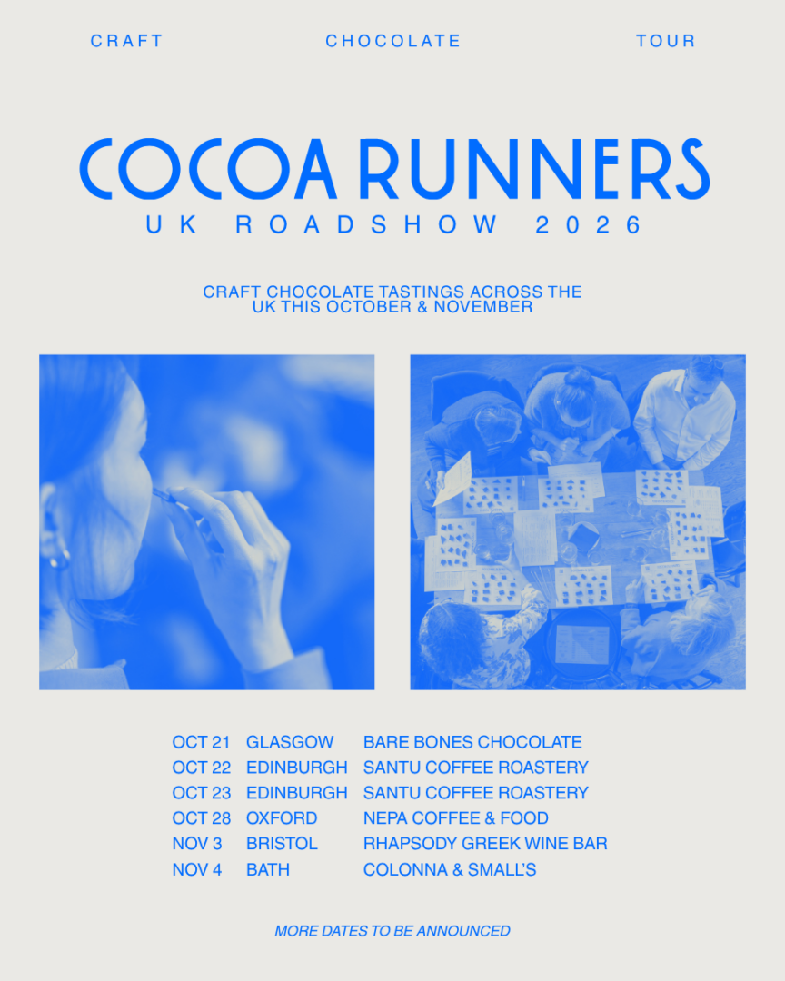 Poster for the Cocoa Runners UK Roadshow. It's a grey/cream poster with blue text and two images from tastings/