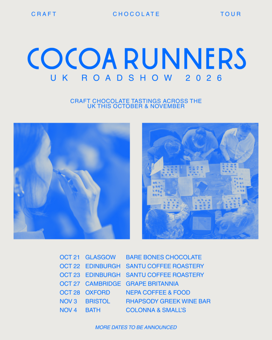 Poster for the Cocoa Runners UK Roadshow. It's a grey/cream poster with blue text and two images from tastings/