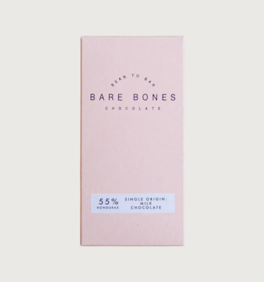 Picture of bare bones 55% milk bar on a grey background. The bar is a pale pink colour, with black thin writing on the front, and a little white rectangle with black writing in it at the bottom to describe the percentage and origin of the cocoa.