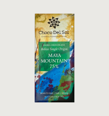 Picture of Choco del sol's Belize 75% dark bar on a grey background. The packaging is abstract, with the top half being yellow and white, and the bottom half being light blue, dark blue, green, red, and black. The label is a teal colour.