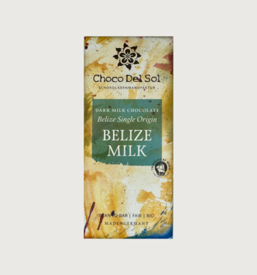 Picture of Choco del sol's Belize milk bar on a grey background. The packaging is mainly yellow and white, with little splotches of blue and red with a teal label.