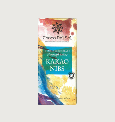 Picture of choco del sol's maya mountain 75% dark chocolate bar with nibs on a grey background. The bar is white, with dark red, sea blue, pale yellow, and dark purple watercolour splatters all over it. The label is teal, with white writing.