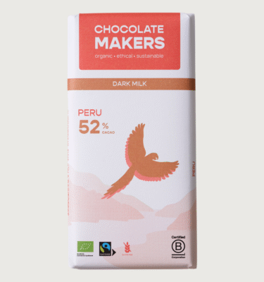 A chocolatemakers bar on a grey background. The packaging is white, pink and brown