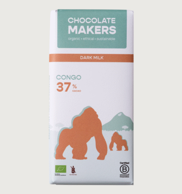 A chocolatemakers bar on a grey background. The packaging is white green and orange with two gorillas on it