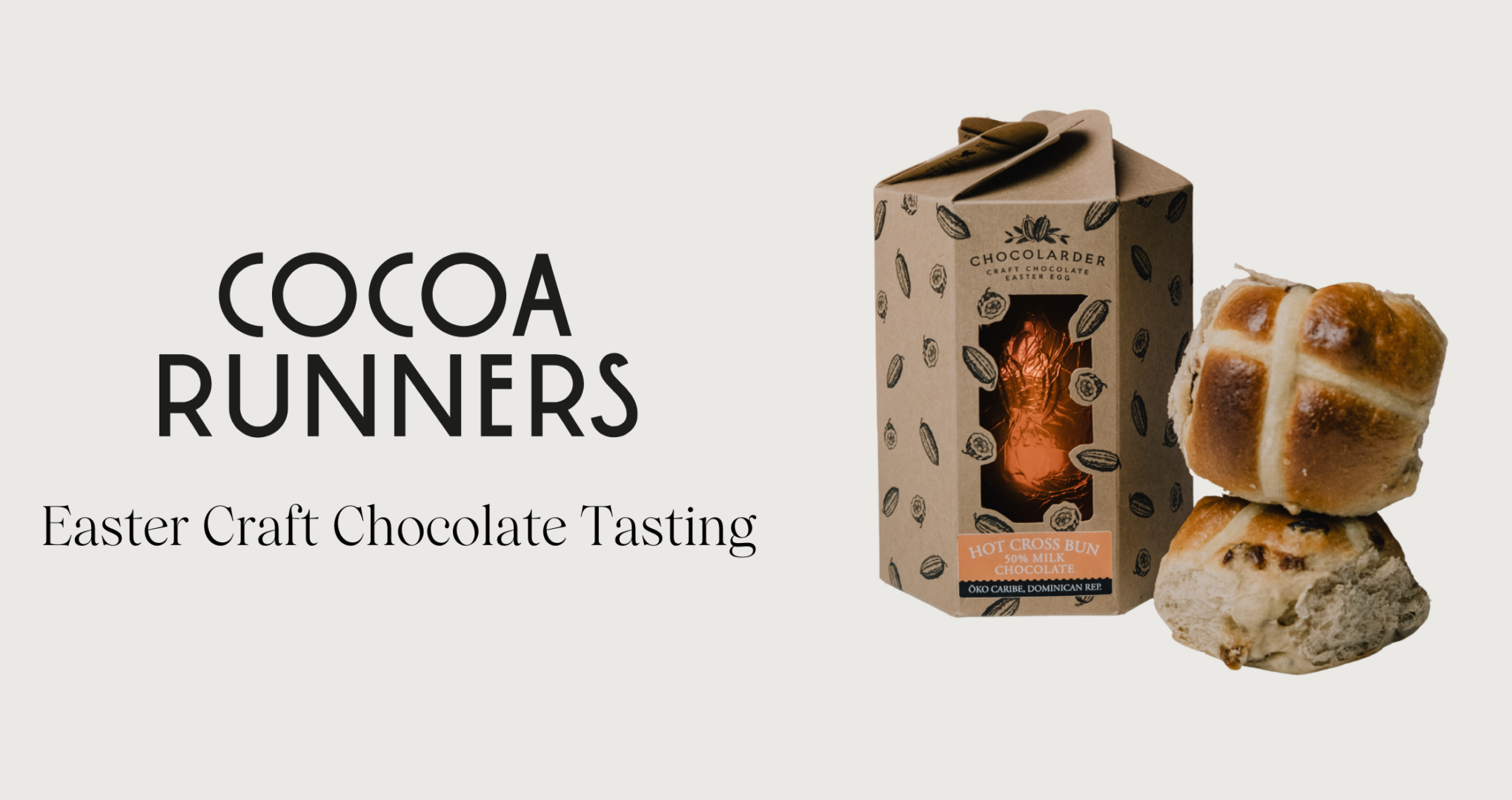 The cocoa runners logo on the left and a Chocolarder hot cross bun easter egg on the right along with two hot cross buns