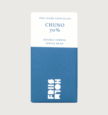 Friis Holm's Chuno, Nicaragua, Double Turned Dark 70% bar. It's white and blue.