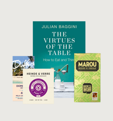 Picture of Julian Baggini's the virtues of the table book and bar gift on a grey background.