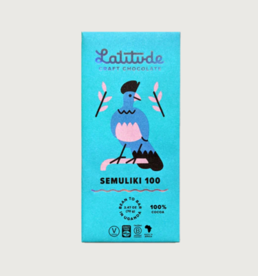An 100% bar by Latitude on a grey background. The bar is bright sky blue, with a cartoon blue bird on the front. The text on the bar is black.
