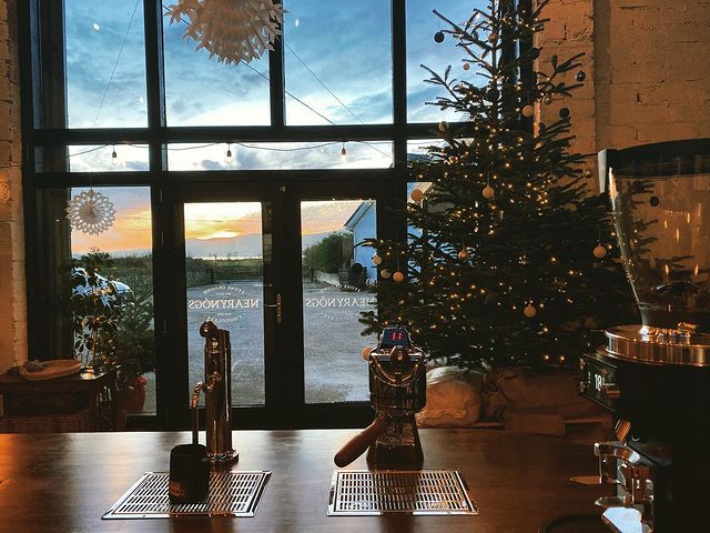 A picture of a big glass front of a building, taken from the inside, with the sun setting outside. There is a christmas tree to the right.
