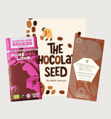 Picture of Nettie's chocolate seed book with two bars on a grey background. One of the bars is pink with a dark pink woman on the front, and the other is a dark brown.