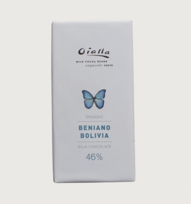 An oialla bar on a grey background. the packaging is white with a blue butterfly on it