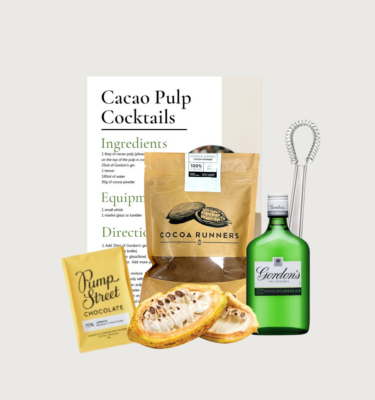 Picture of cocktail powder set on a grey background. The cocoa powder, yellow taster bar, whisk, gordon's gin bottle, and an open cocoa pod organised in front of the recipe page.