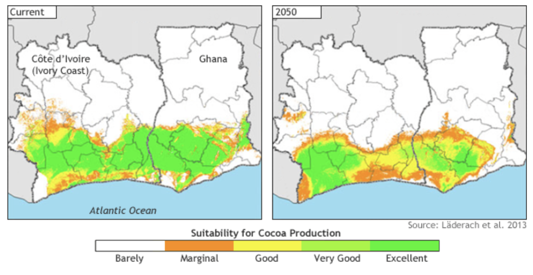 A graph showing the area suitable for growing cacao in West Africa is predicted to decrease