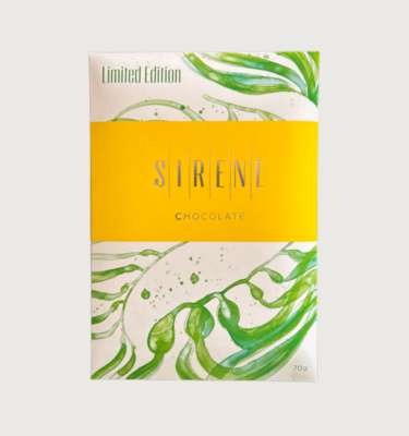 Picture of Sirene's limited edition bar. The bar is white, with green leaves all over it and a yellow label across the centre.