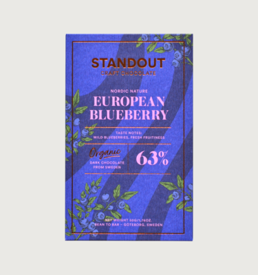 Standout's Blueberry bar on a grey background. The bar is a purplish cornflower blue, with greyish blue darker stripes across it diagonally. The border is bronze, with baby pink writing, and there are green shoots around the outside of the bar.