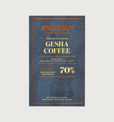 Standout's gesha coffee dark bar on a grey background. The bar is a dark grey, with an even darker grey swirling all over it. The writing on the bar is yellow, and the standout logo is gold and reflective.