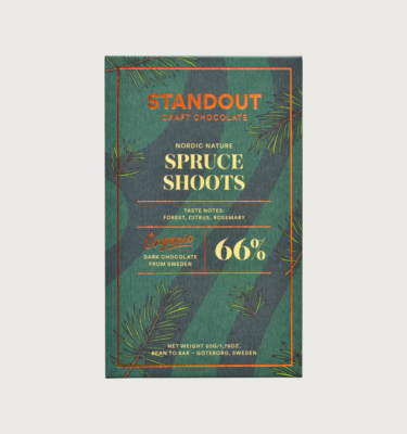 Standout's spruce shoots dark bar on a grey background. The bar is forest green, with a darker green swirling all over it. The writing on the bar is yellow, and the standout logo is gold and reflective.