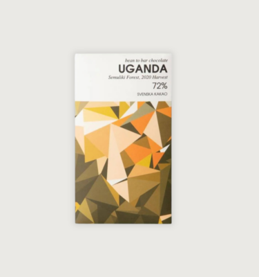 Svenska Kakao's Semuliki Forest, Uganda 72% dark chocolate bar from the 2020 harvest. The packaging has geometric shapes in dark green, yellow, orange, cream and brown.