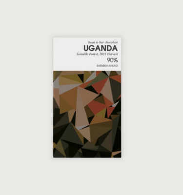 Svenska Kakaobolaget's Semuliki, Uganda, Dark 90% bar. Its packagins is geometric patterns of dark greens, brown and dirty orange.