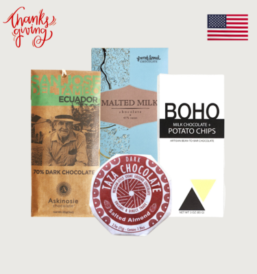 bars in the small thanksgiving gift box. There is 'thanksgiving' written in the top left corner, and the american flag in the top right