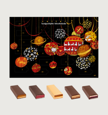 Zotter's 2024 Handscooped advent calendar on a grey background. The calendar is black, with a cartoon design of red, golden, yellow, and olive green baubles hanging on red strings from the top of the calendar. Some of the baubles are pictured to be swinging, with most of them on the right hand side. The writing on the calendar is white. There are 5 chocolate bars cut in half at the bottom of the image, with various colours on both the outside (white, milk, dark), and fillings on the inside (brown, red, white).