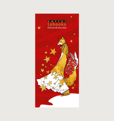 The front of Zotter's 2024 labooko calendar on a grey background. The calendar is a berry red, with a cartoon of a golden fox walking to the left over some snow. The fox is tall, with a white long skirt that has golden stars all over it. There are also golden stars in front of the fox, and stars in the 'sky' above the fox. The writing on the calendar is golden.