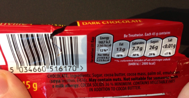 photograph of ingredients on bourneville packaging