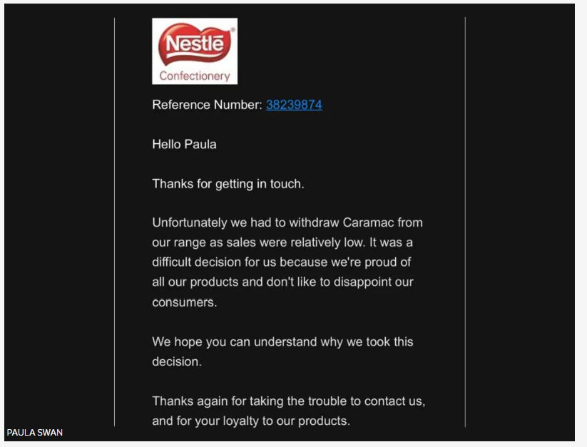 Social media post from Nestle announcing ending of Caramac to Paula Swan