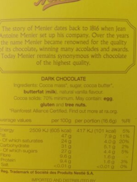 photograph of ingredients on nestle packaging